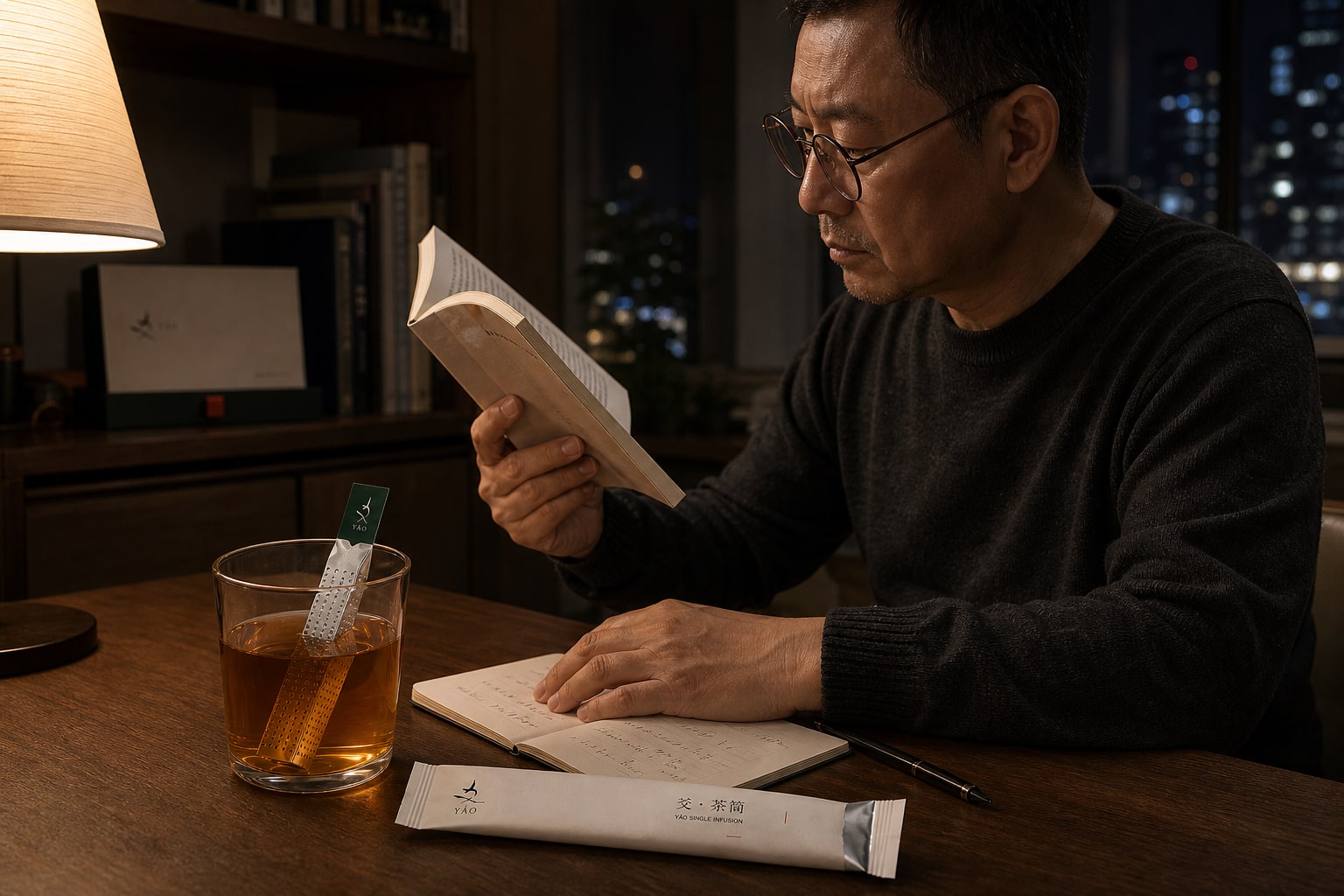 夜间阅读与记录时使用爻茶简的产品开发生活场景样张