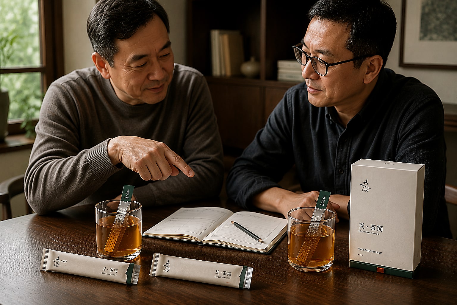 两人相谈时分享爻茶简的产品开发生活场景样张